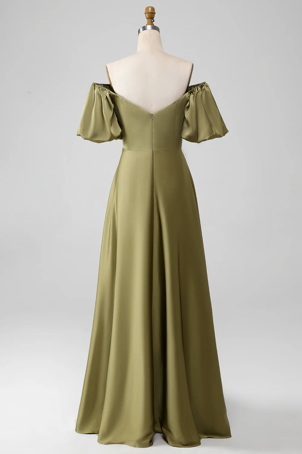Olive A-Line Off The Shoulder Long Bridesmaid Dress with Short Sleeves