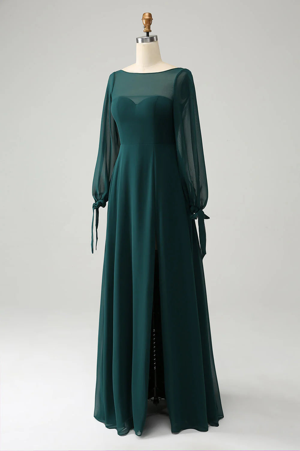 Dark Green A Line Bateau Neck Long Sleeves Chiffon Long Bridesmaid Dress with Slit