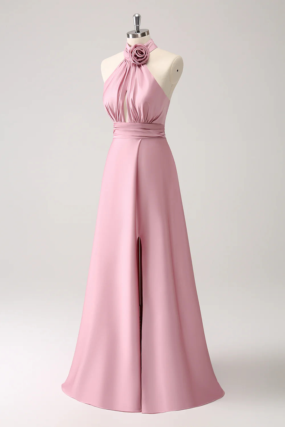 Pink A-Line Halter Pleated Floral Satin Backless Long Prom Dress with Slit