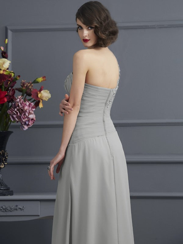 A-Line Chiffon One-Shoulder Sleeveless Floor-Length With Beading Mother of the Bride Dresses