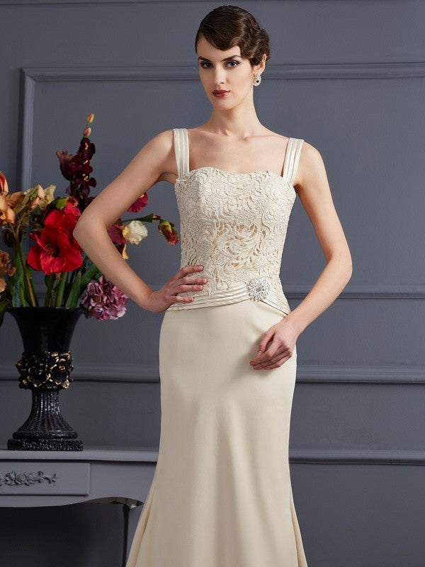Sheath Elastic Woven Satin Square Sleeveless Floor-Length With Lace Mother of the Bride Dresses