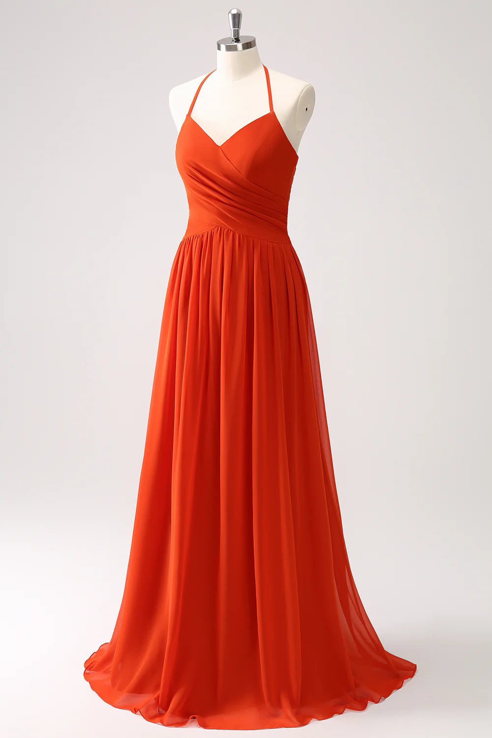 Orange A Line Halter Pleated Chiffon Long Bridesmaid Dress