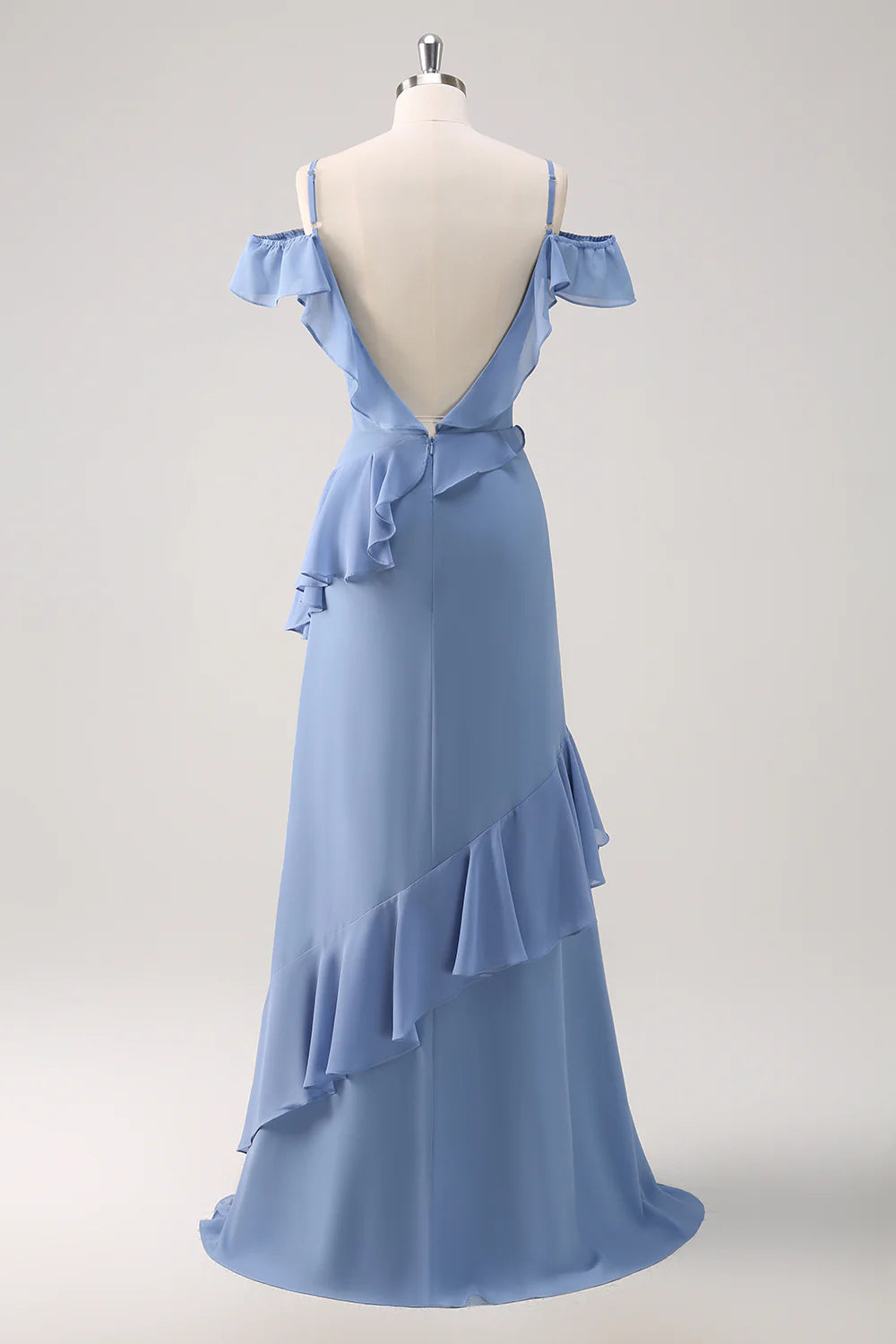 Grey Blue A Line Cold Shoulder Chiffon Long Bridesmaid Dress with Ruffles