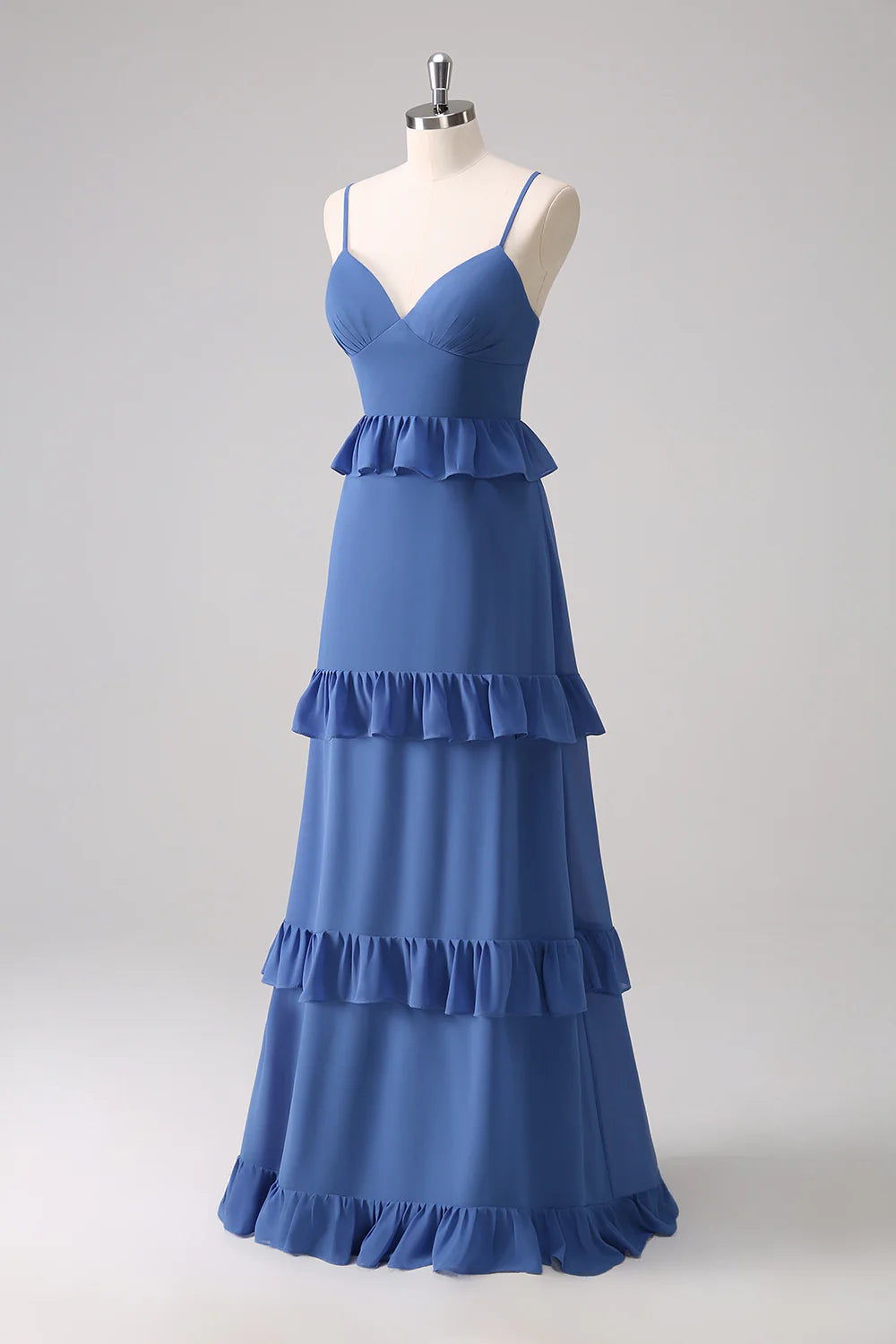 Dark Blue A-Line Chiffon Tiered Long Bridesmaid Dress with Lace Up Back