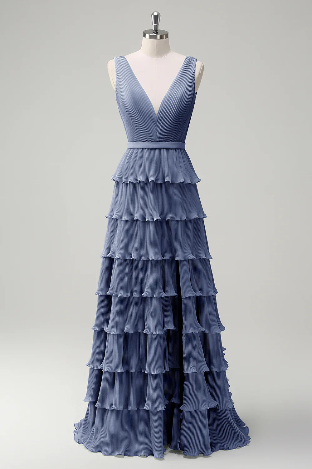 A-line V-neck pleated layered backless floor length skirt with slit