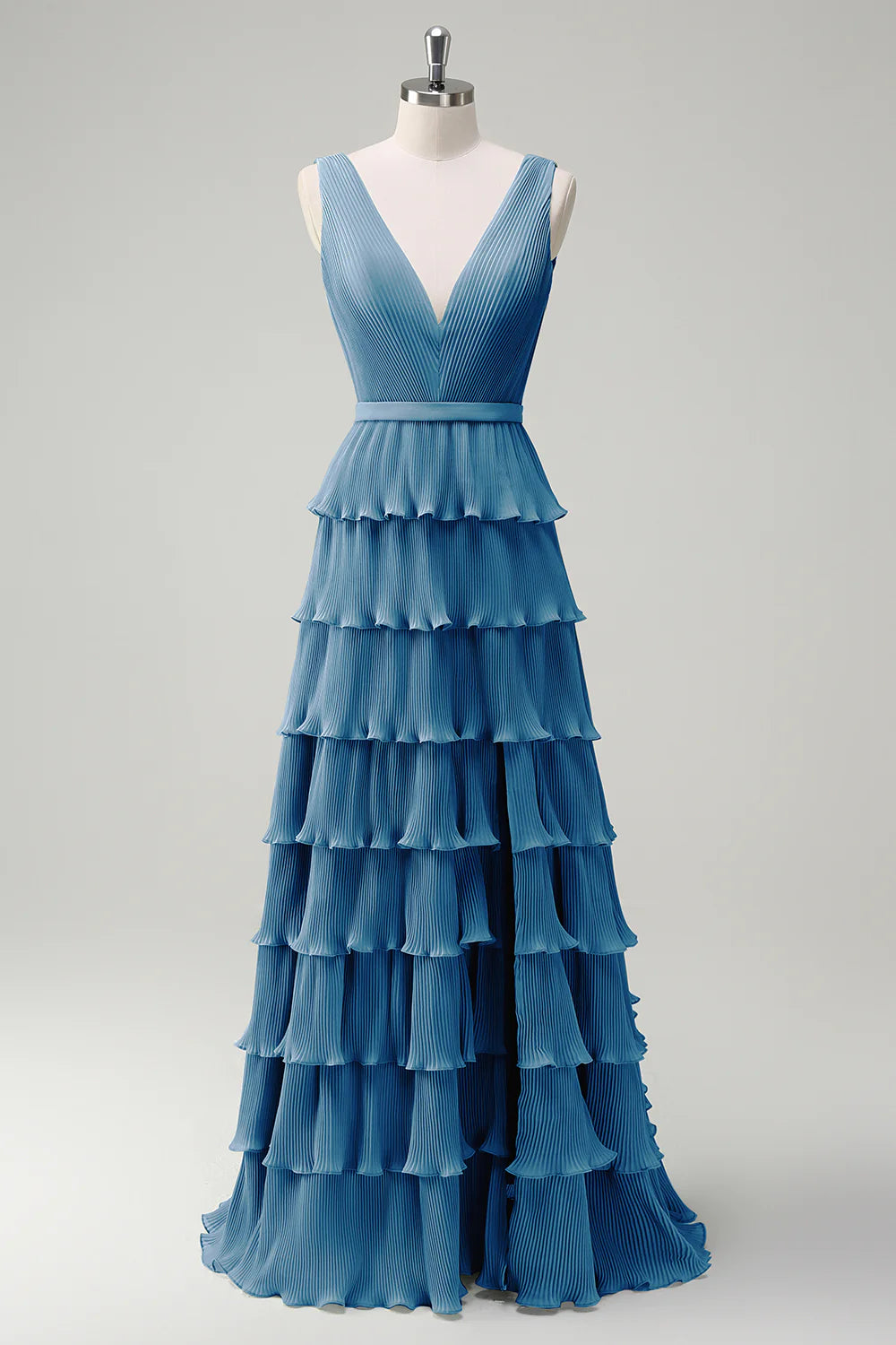 A-line V-neck pleated layered backless floor length skirt with slit