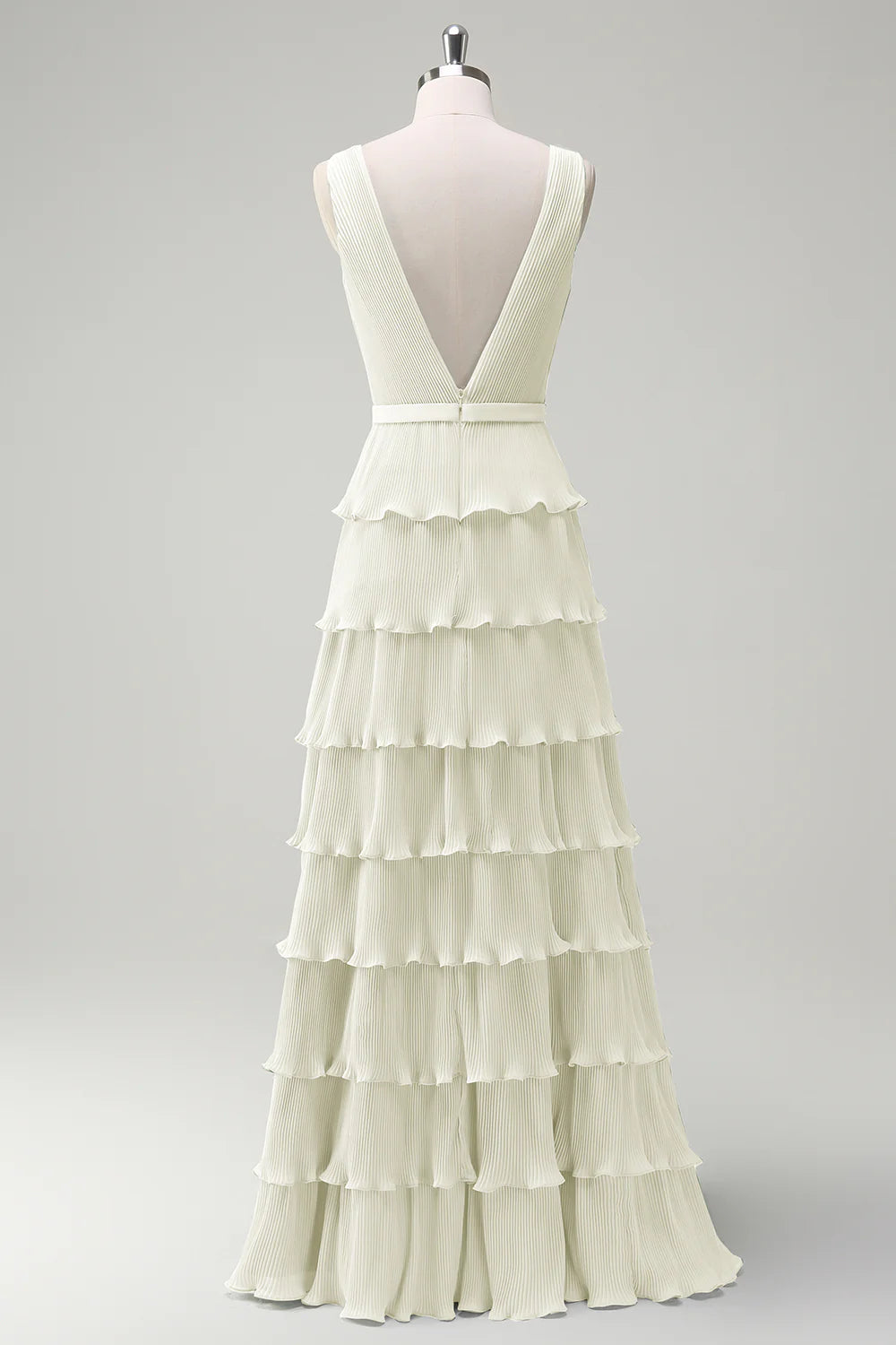 A-line V-neck pleated layered backless floor length skirt with slit