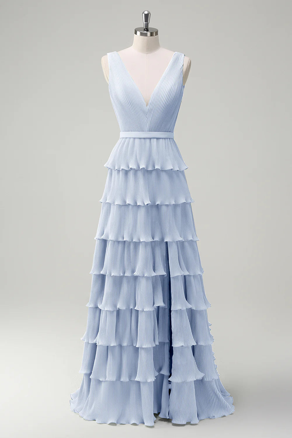 A-line V-neck pleated layered backless floor length skirt with slit