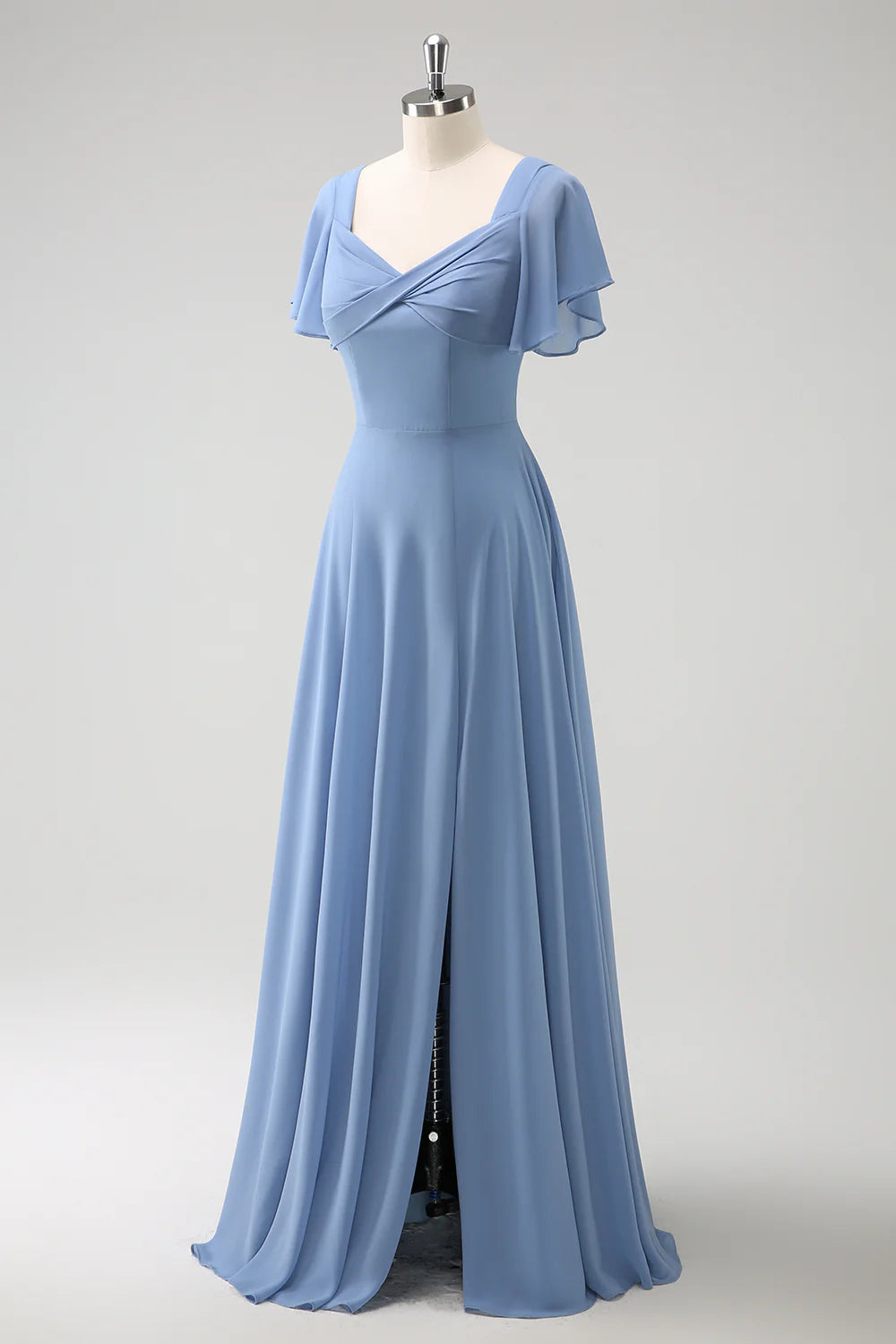 Grey Blue A Line Chiffon Ruffle Ruched Floor Length Bridesmaid Dress with Lace Up Back