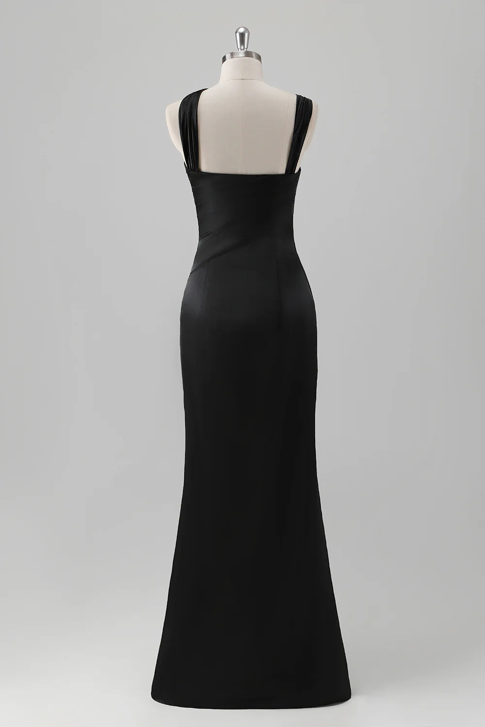 Black Mermaid Pleated Satin Floor Length Bridesmaid Dress with Slit