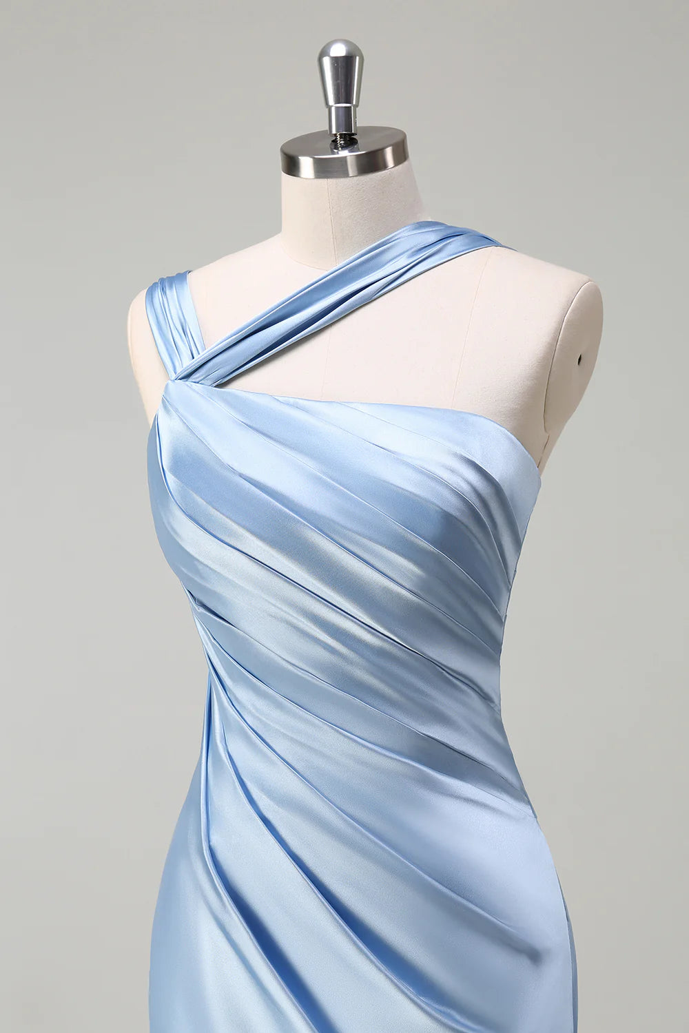 Sky Blue Mermaid Pleated Satin Long Bridesmaid Dress with Slit