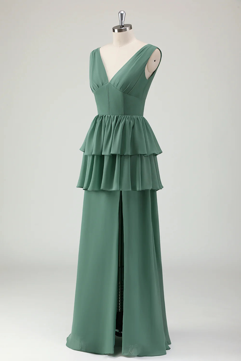 A-line V-neck layered long pleated bridesmaid dress