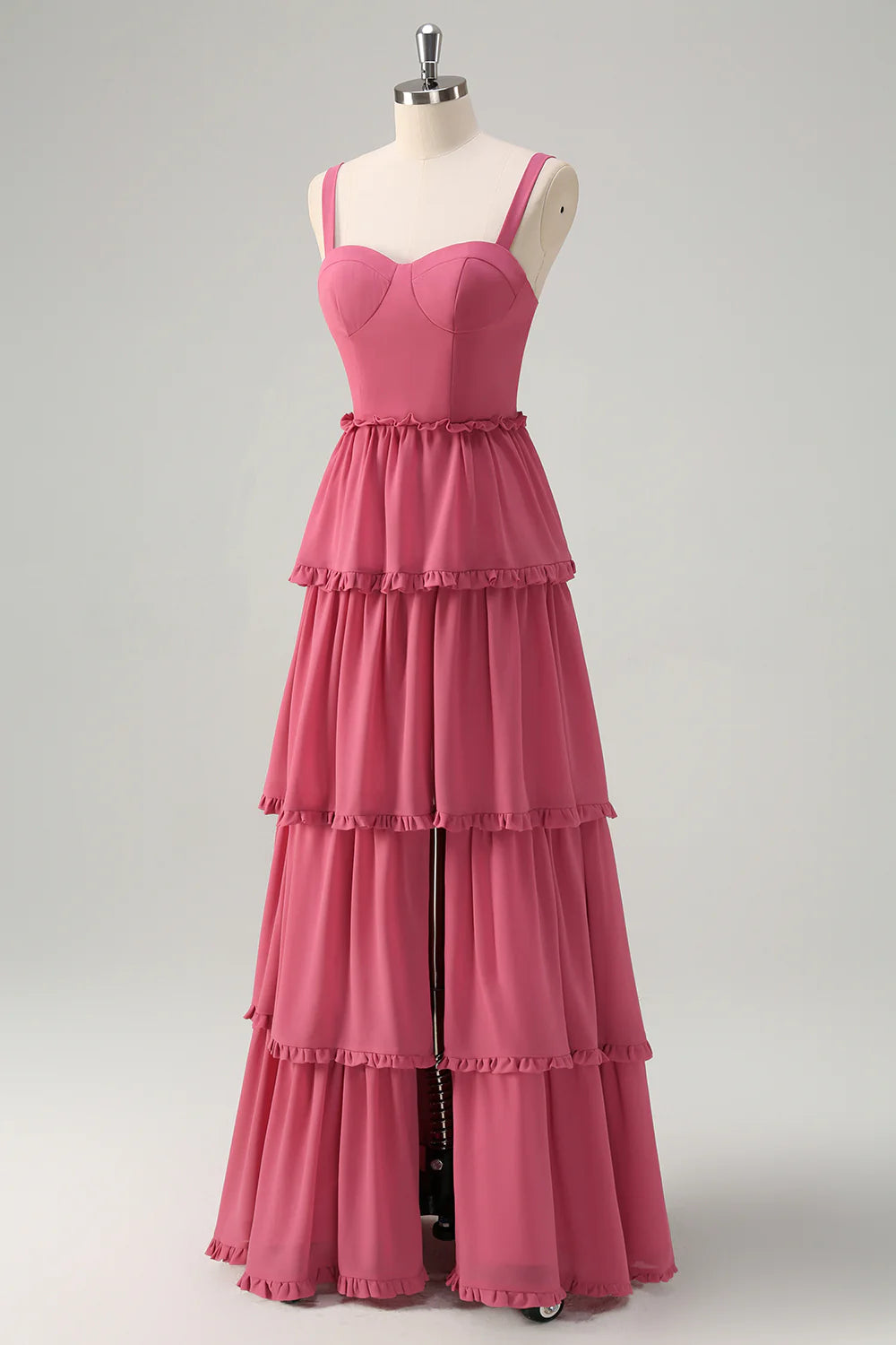 Rusty Rose A Line Tiered Lace Up Back Long Bridesmaid Dress with Slit