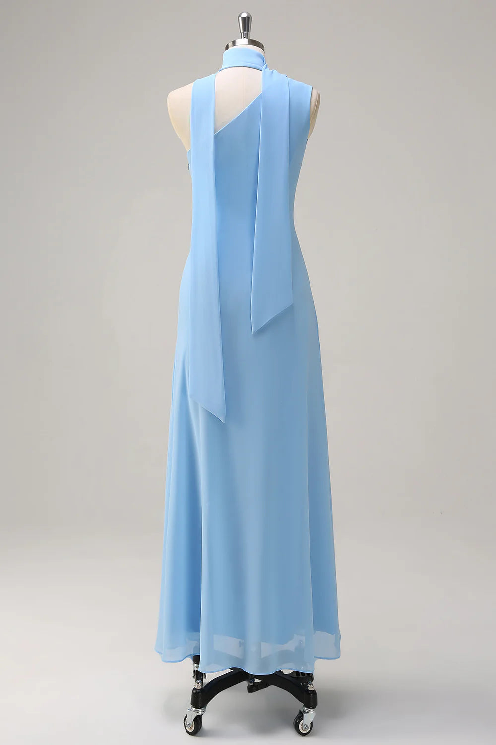 Blue Sheath Chiffon Watteau Train Long Bridesmaid Dress
