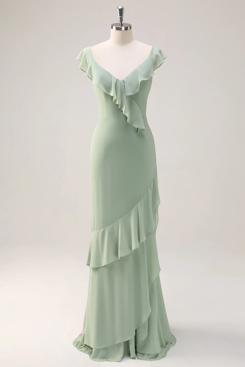 V-neck backless chiffon long bridesmaid dress with ruffles