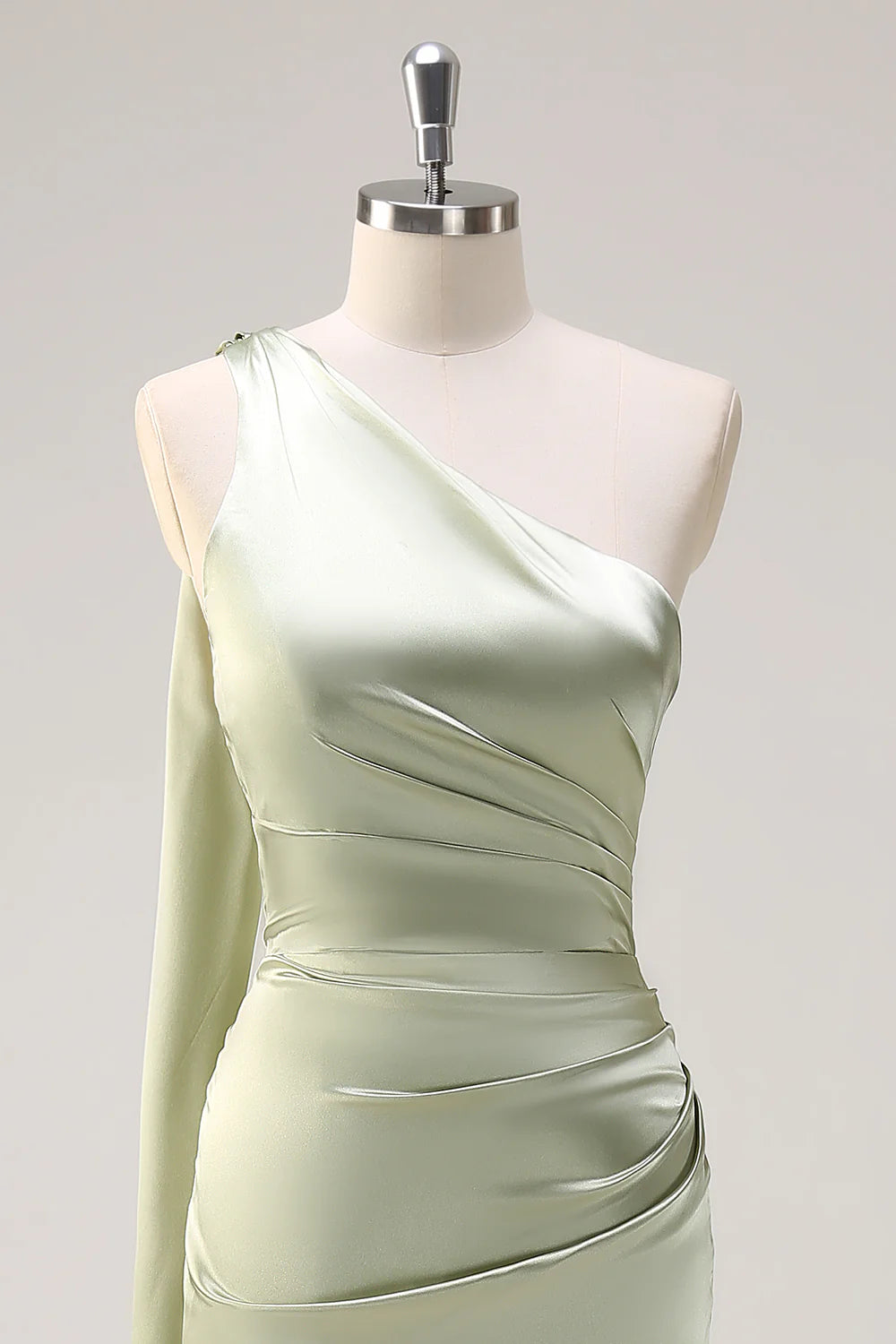 Sage Sheath One Shoulder Ruched Streamer Satin Bridesmaid Dress with Slit