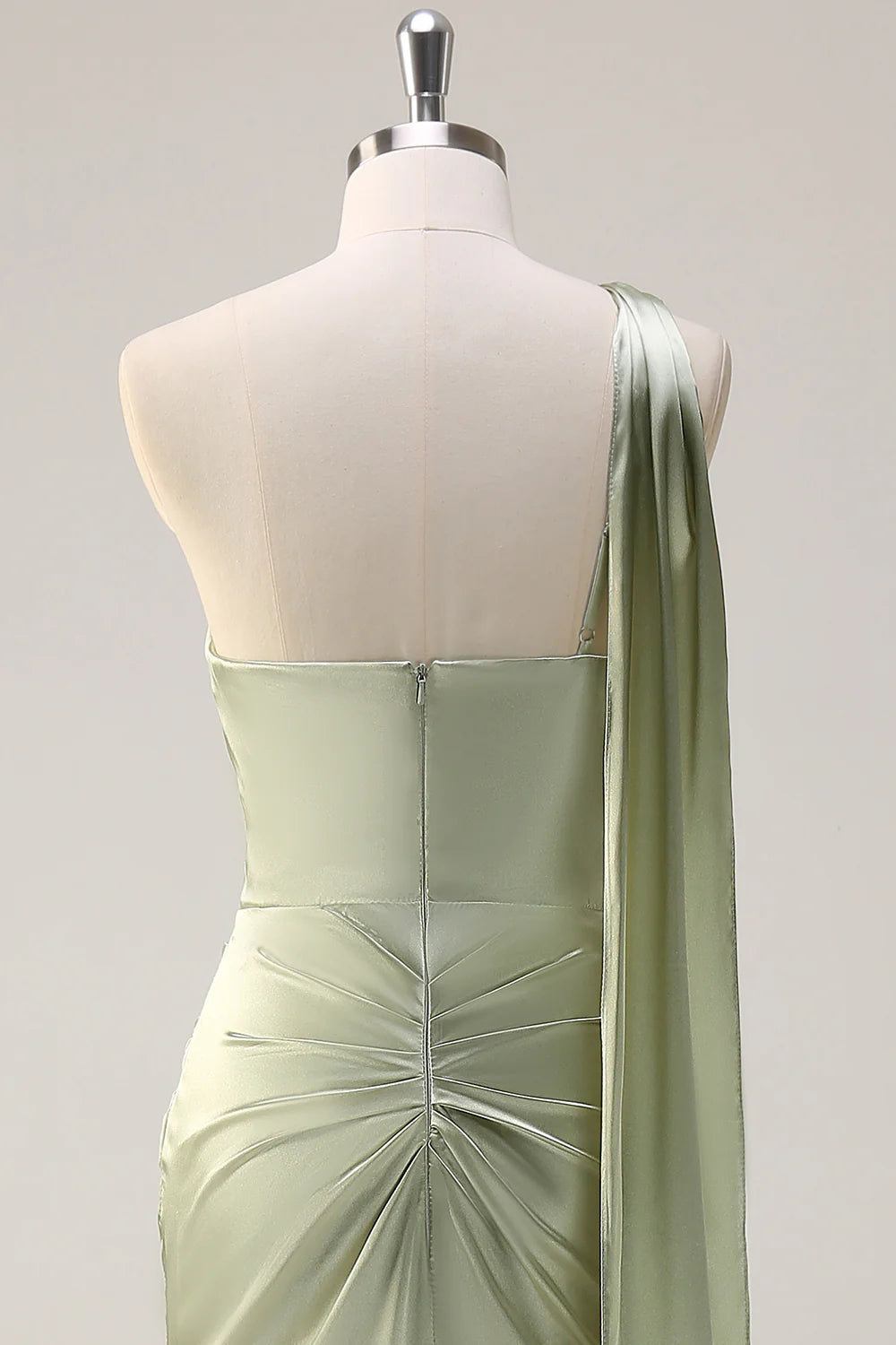 Sage Sheath One Shoulder Ruched Streamer Satin Bridesmaid Dress with Slit
