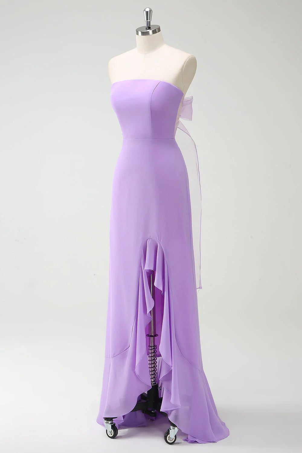 Purple A-Line Strapless Lace Up Back Ruffled Long Bridesmaid Dress with Ruffled Slit