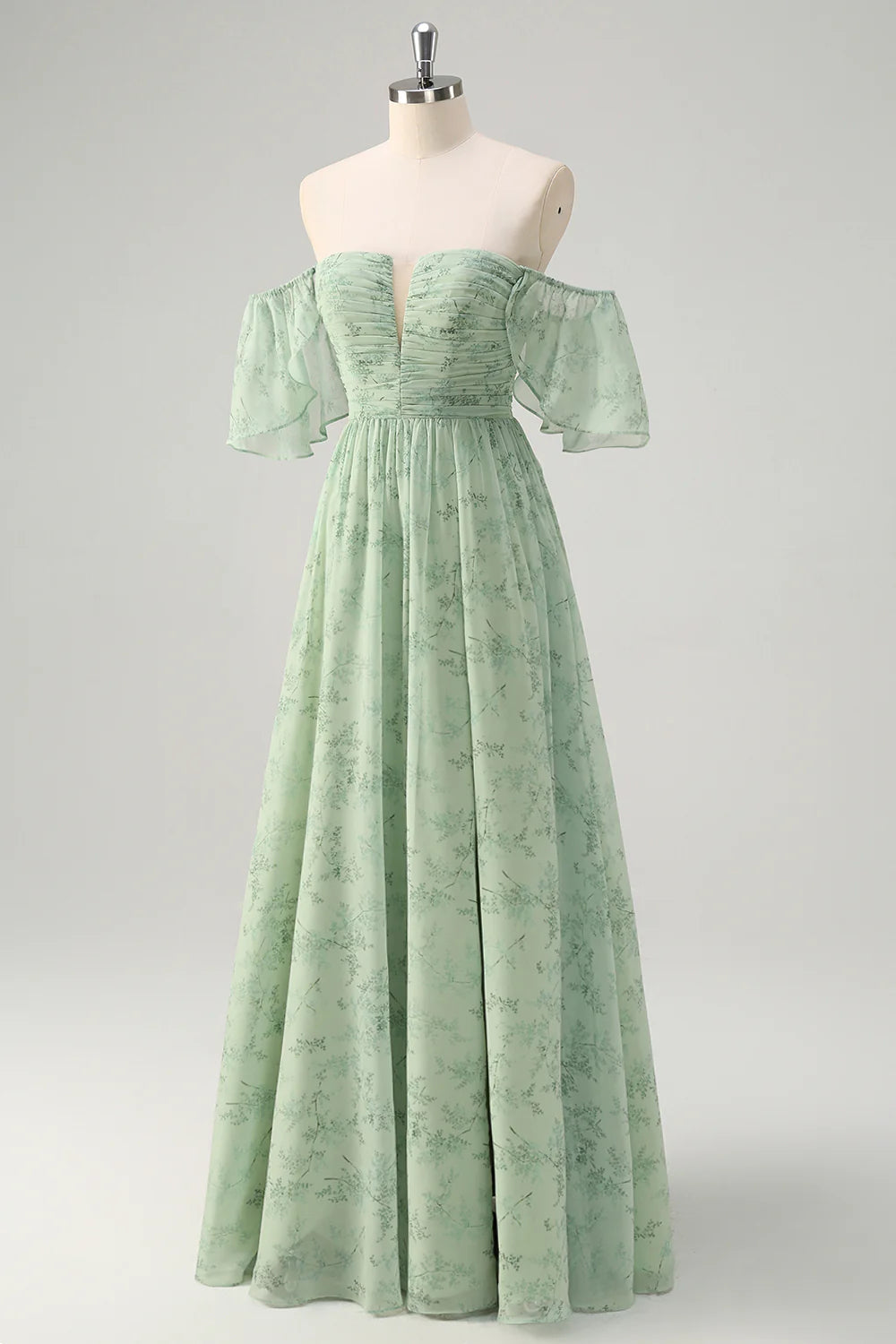 Dusty Sage A Line Off The Shoulder Pleated Long Bridesmaid Dress with Slit