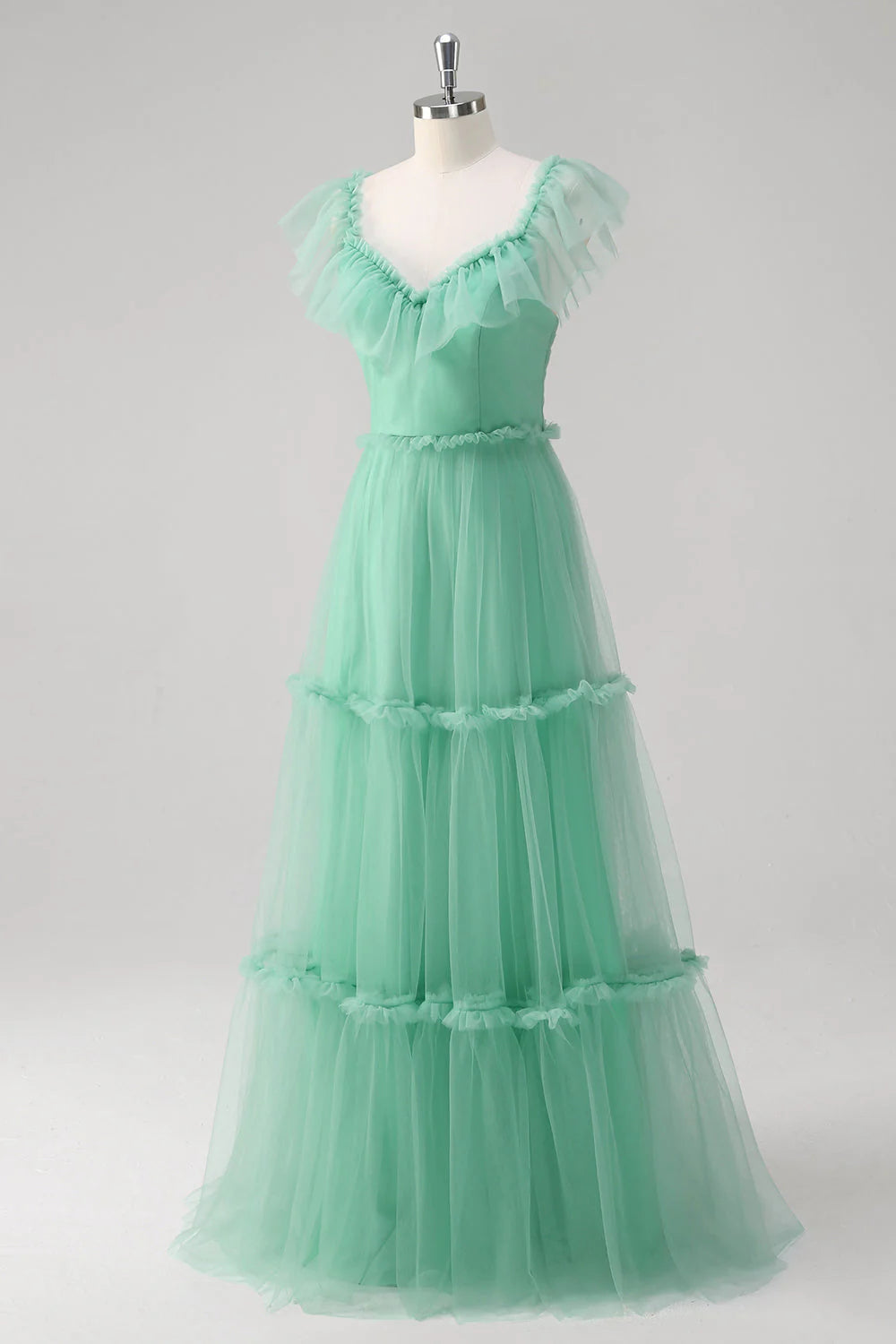 Green A-Line V-Neck Tiered Tulle Long Bridesmaid Dress