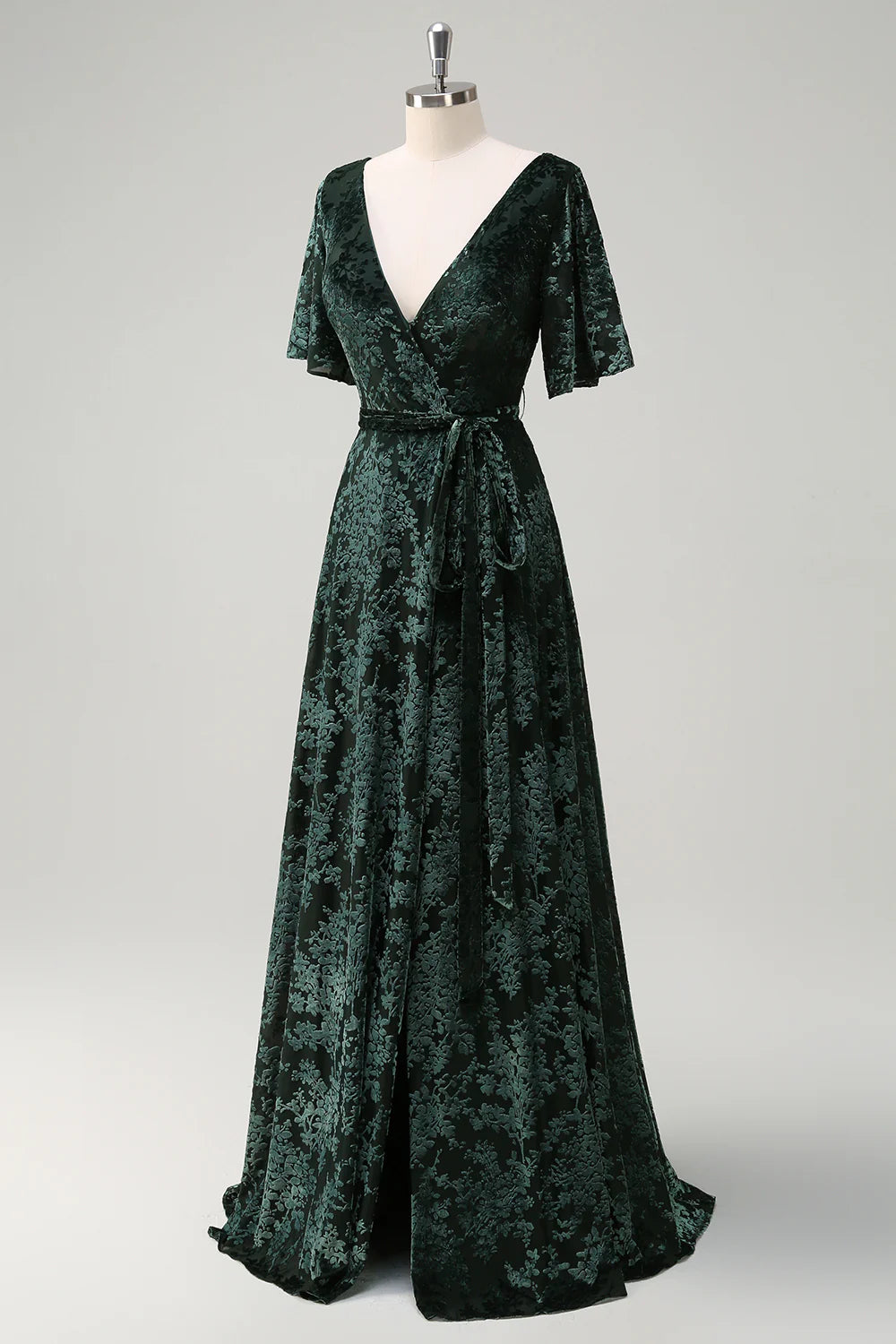 Dark Green A-Line Burnout Velvet V Neck Floor Length Dress with Short Sleeves