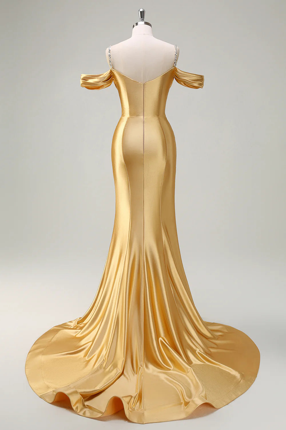 Sparkly Golden Mermaid Cold Shoulder Pleated Long Prom Dress With Sequins