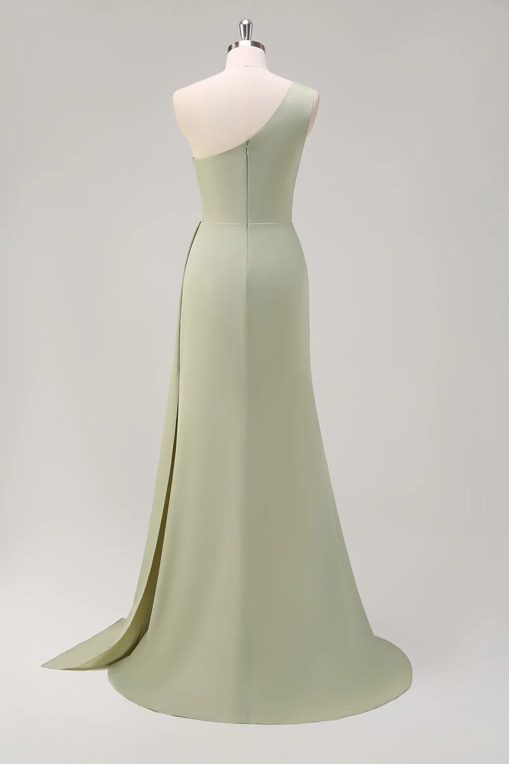 Sage Mermaid One Shoulder Ruched Side Overskirt Long Bridesmaid Dress With Slit