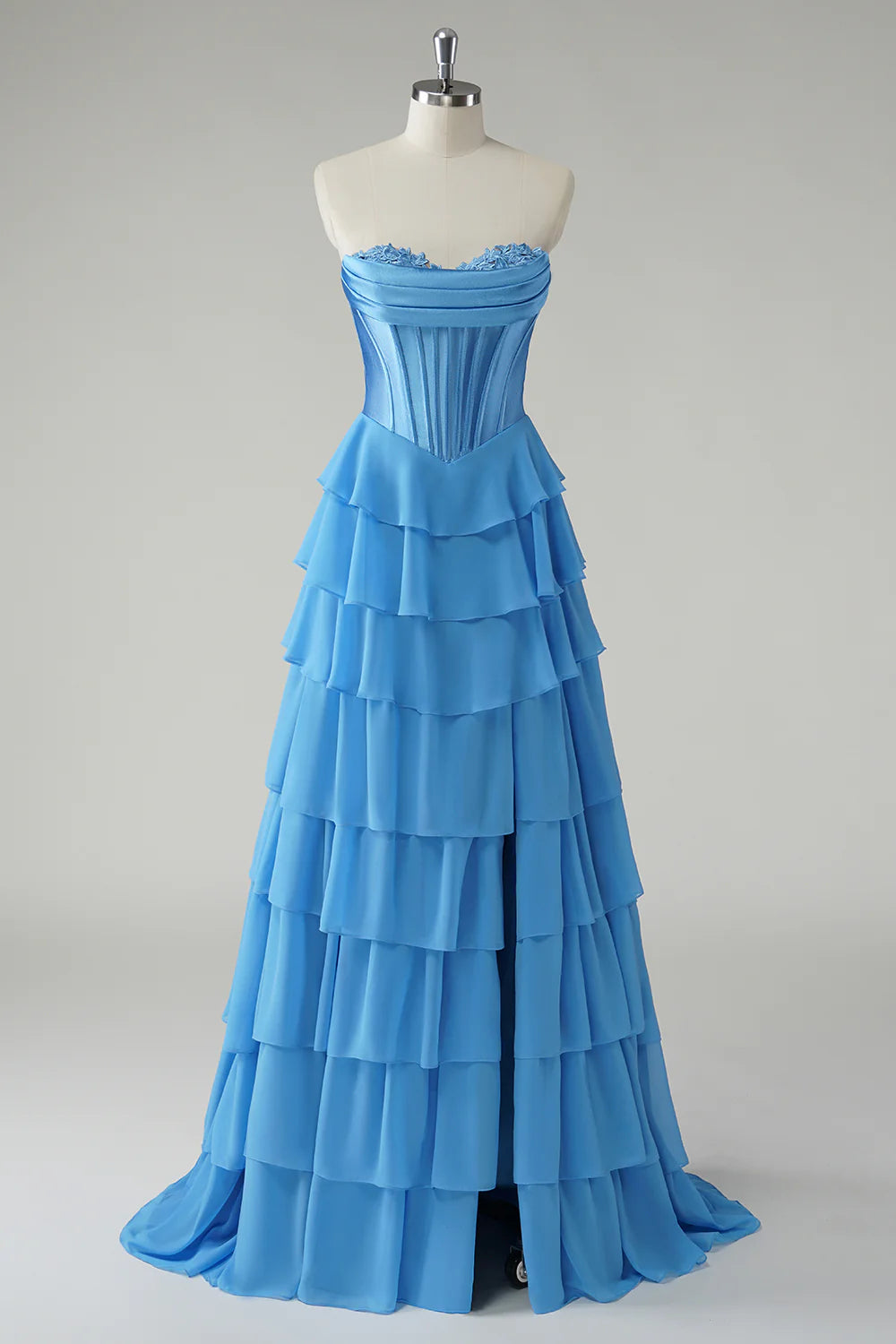 A-line strapless layered tight corset with pleated edges, long slit ball dress