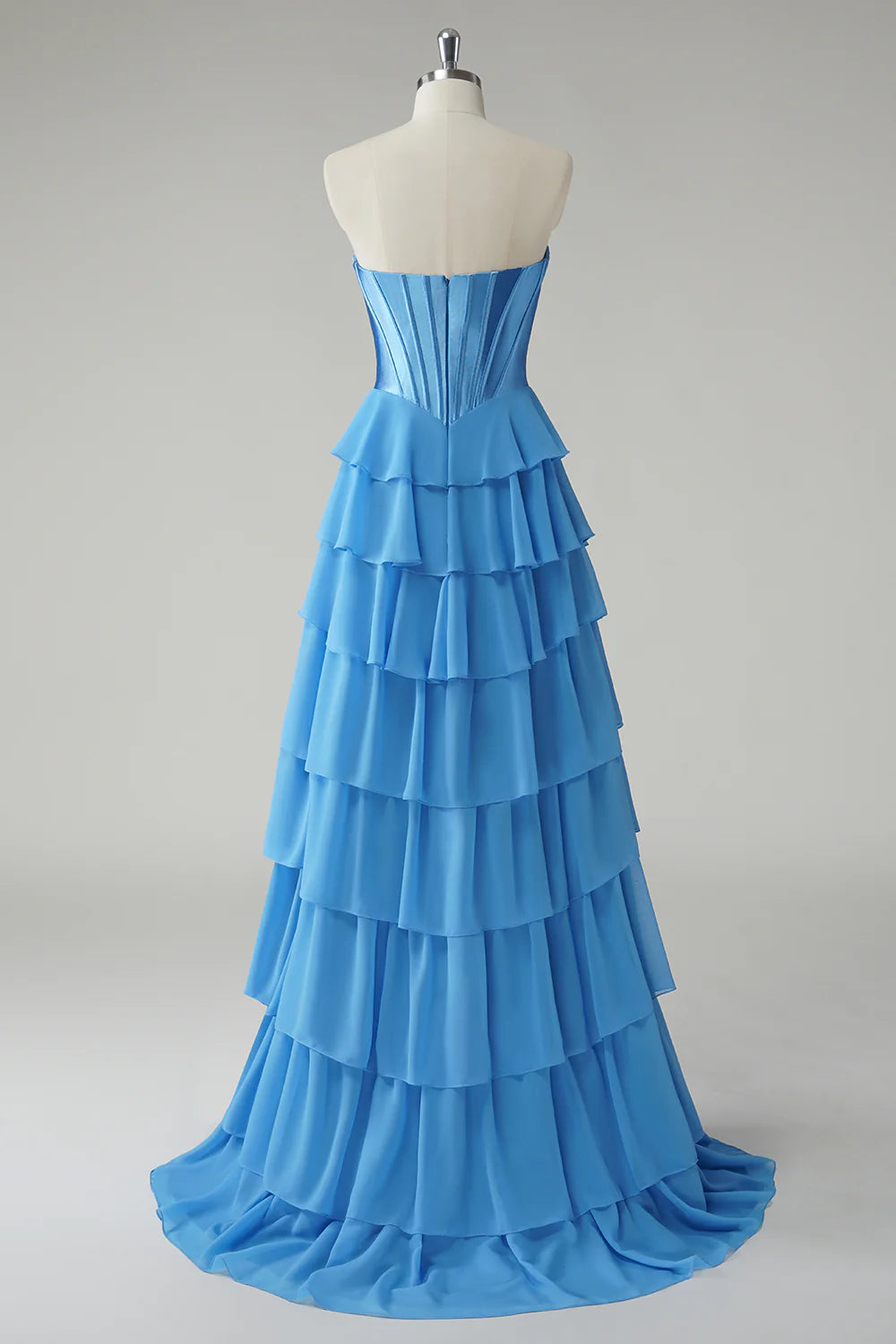 A-line strapless layered tight corset with pleated edges, long slit ball dress