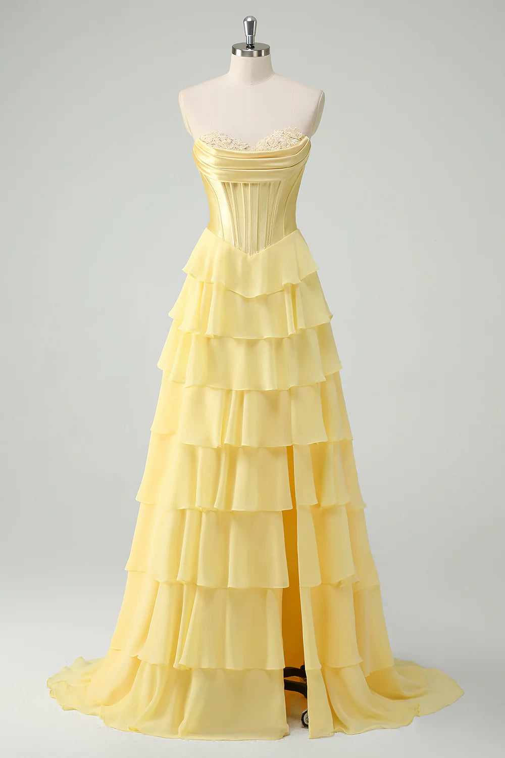 A-line strapless layered tight corset with pleated edges, long slit ball dress