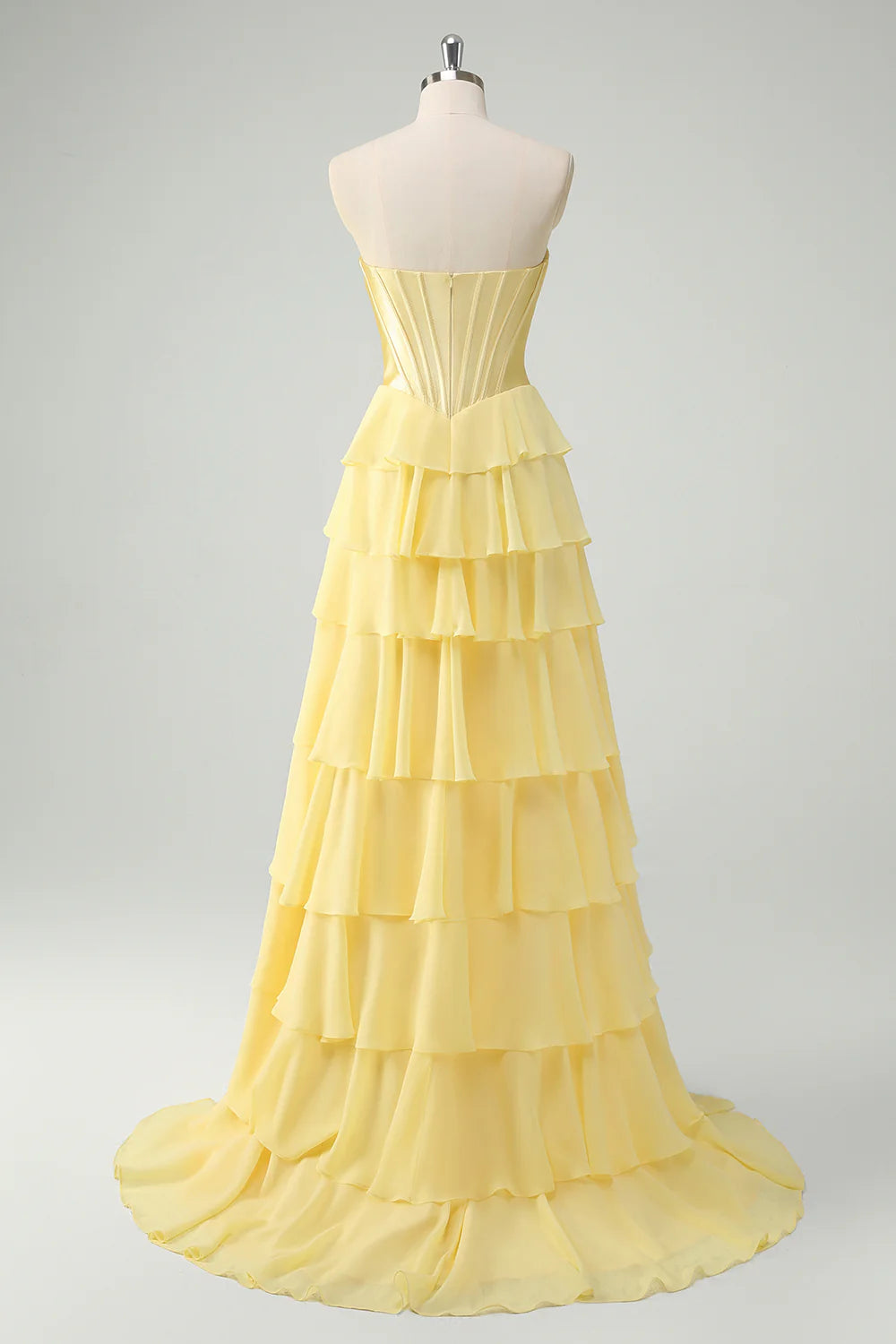 A-line strapless layered tight corset with pleated edges, long slit ball dress