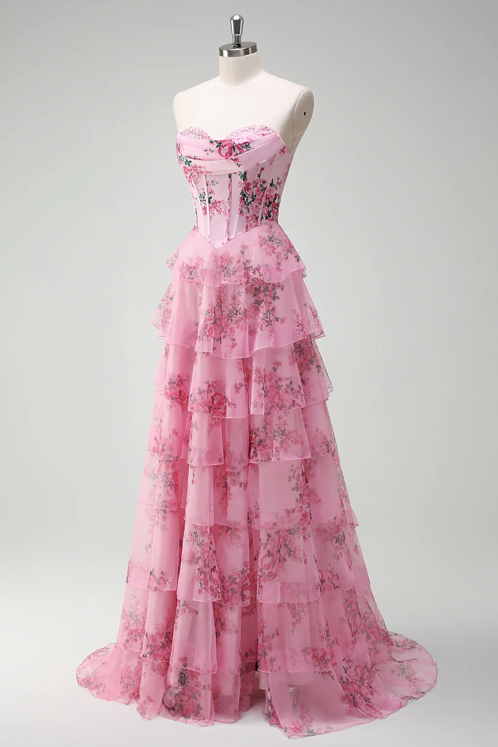 Blush Floral A-Line Strapless Ruffled Corset Printed Tiered Long Prom Dress with Slit