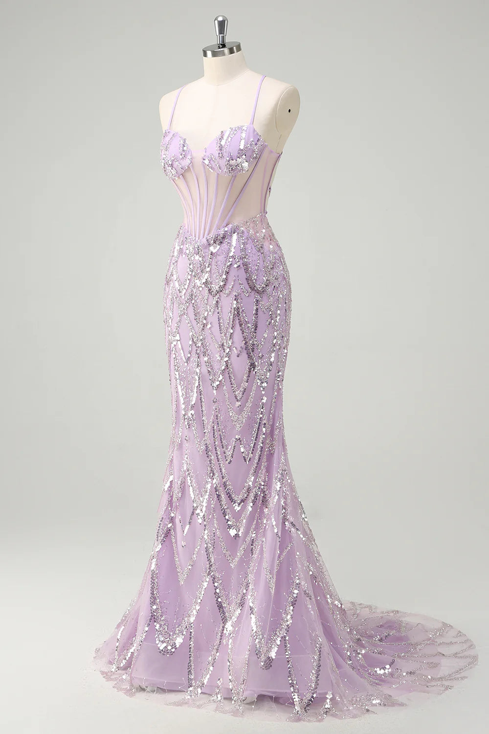 Sparkly Lilac Mermaid Halter Sheer Corset Sequin Prom Dress