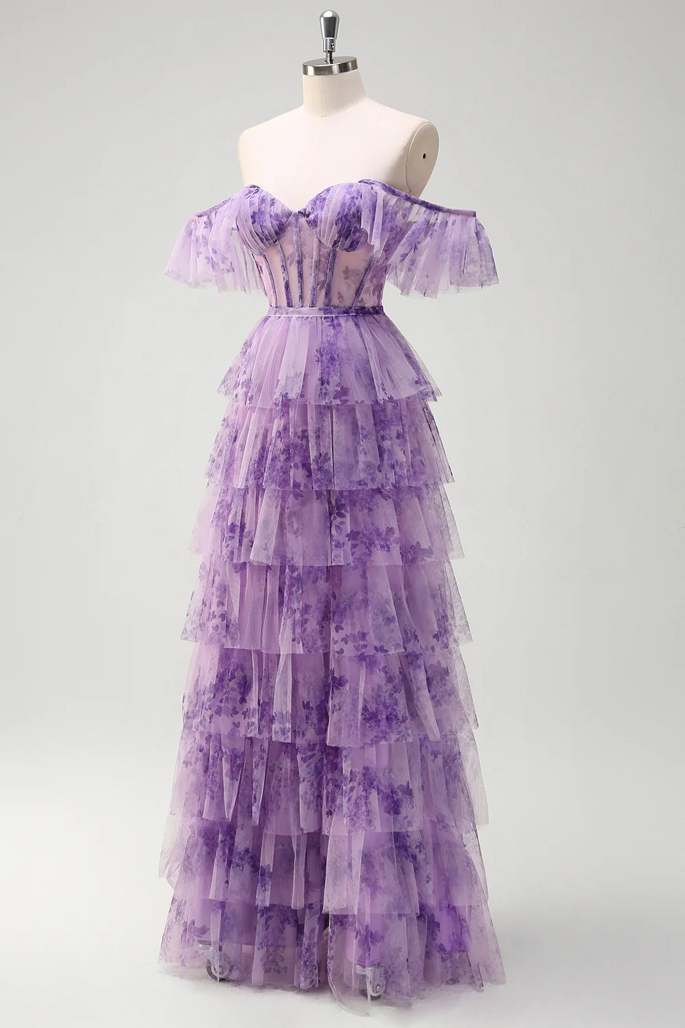 Lilac Strapless A Line Removable Sleeves Tiered Corset Printed Prom Dress with Slit