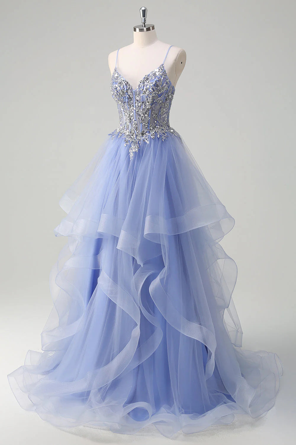 Sparkling light blue A-line tight corset long ball dress with spiral pleats