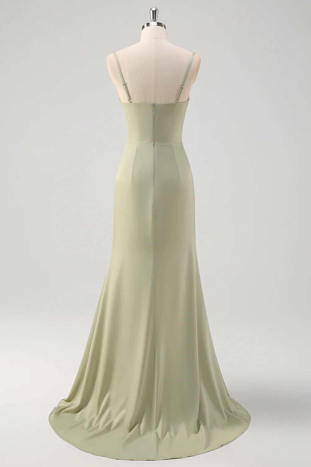 Sage Mermaid Spaghetti Straps Pleated Corset Long Bridesmaid Dress With Slit