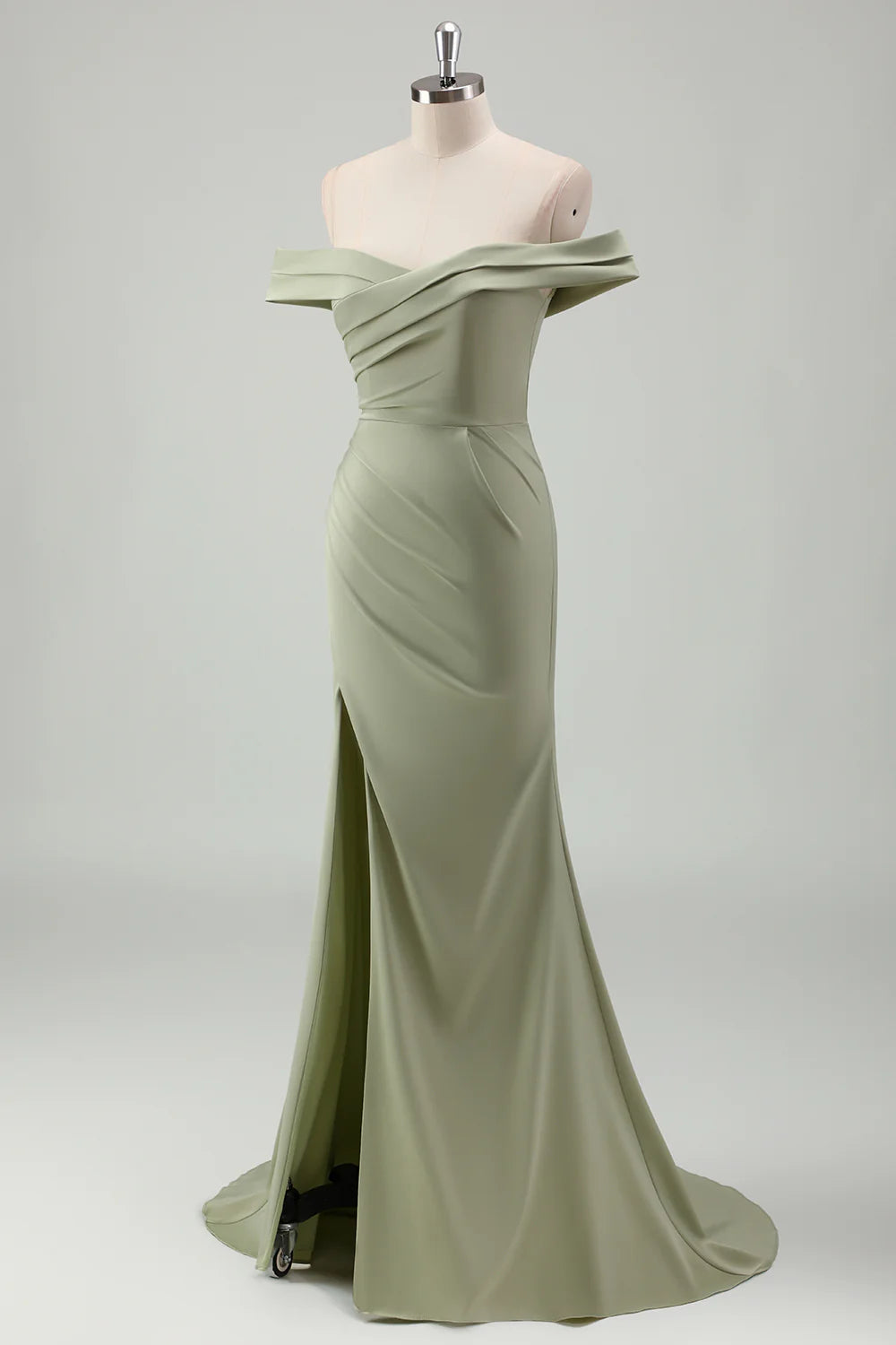 Sage Mermaid Off The Shoulder Pleated Long Bridesmaid Dress With Slit