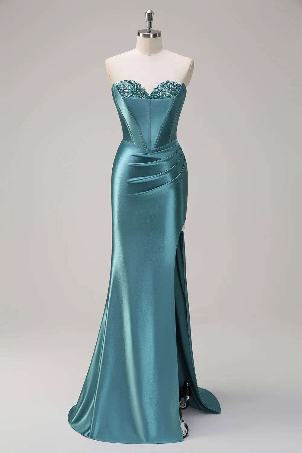 Strapless pleated tight corset sequined long mermaid dance dress with slit