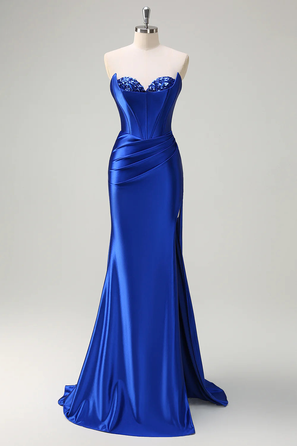 Strapless pleated tight corset sequined long mermaid dance dress with slit