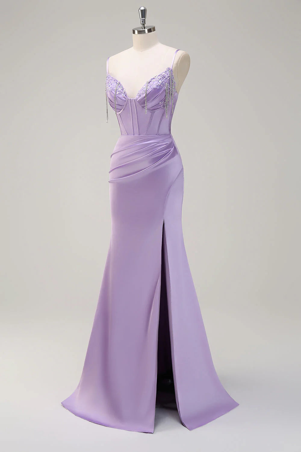 Lilac mermaid slim suspender pleated corset bead long ball dress with slit