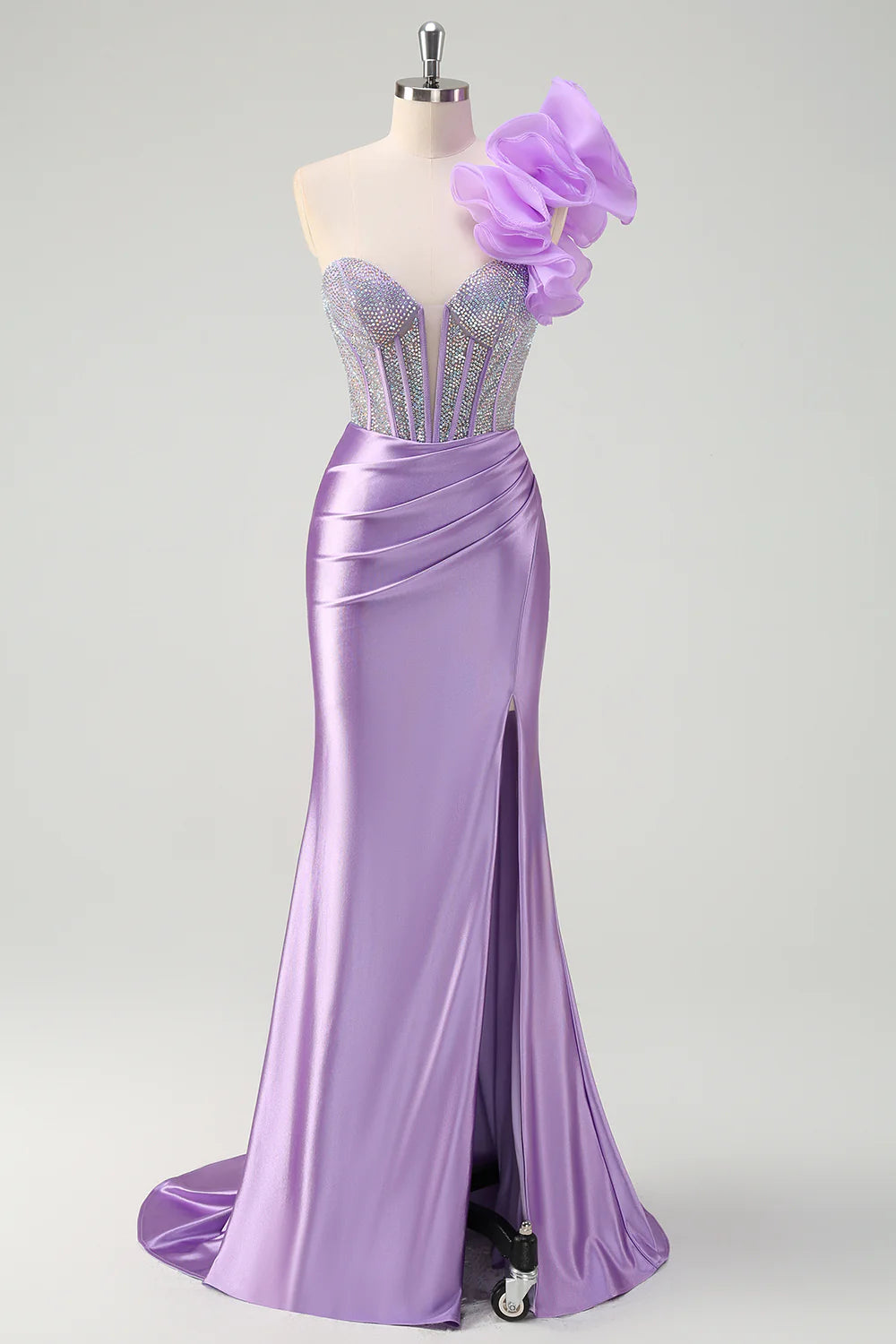Sparkling mermaid detachable pleated single shoulder long ball skirt with slit