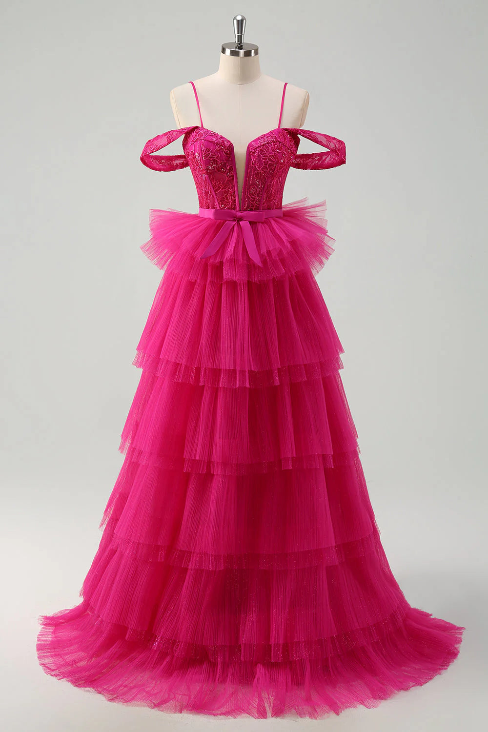 Hot Pink A-Line Cold Shoulder Tulle Tiered Sequin Long Prom Dress with Appliques