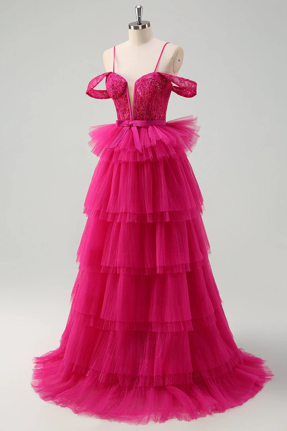 Hot Pink A-Line Cold Shoulder Tulle Tiered Sequin Long Prom Dress with Appliques