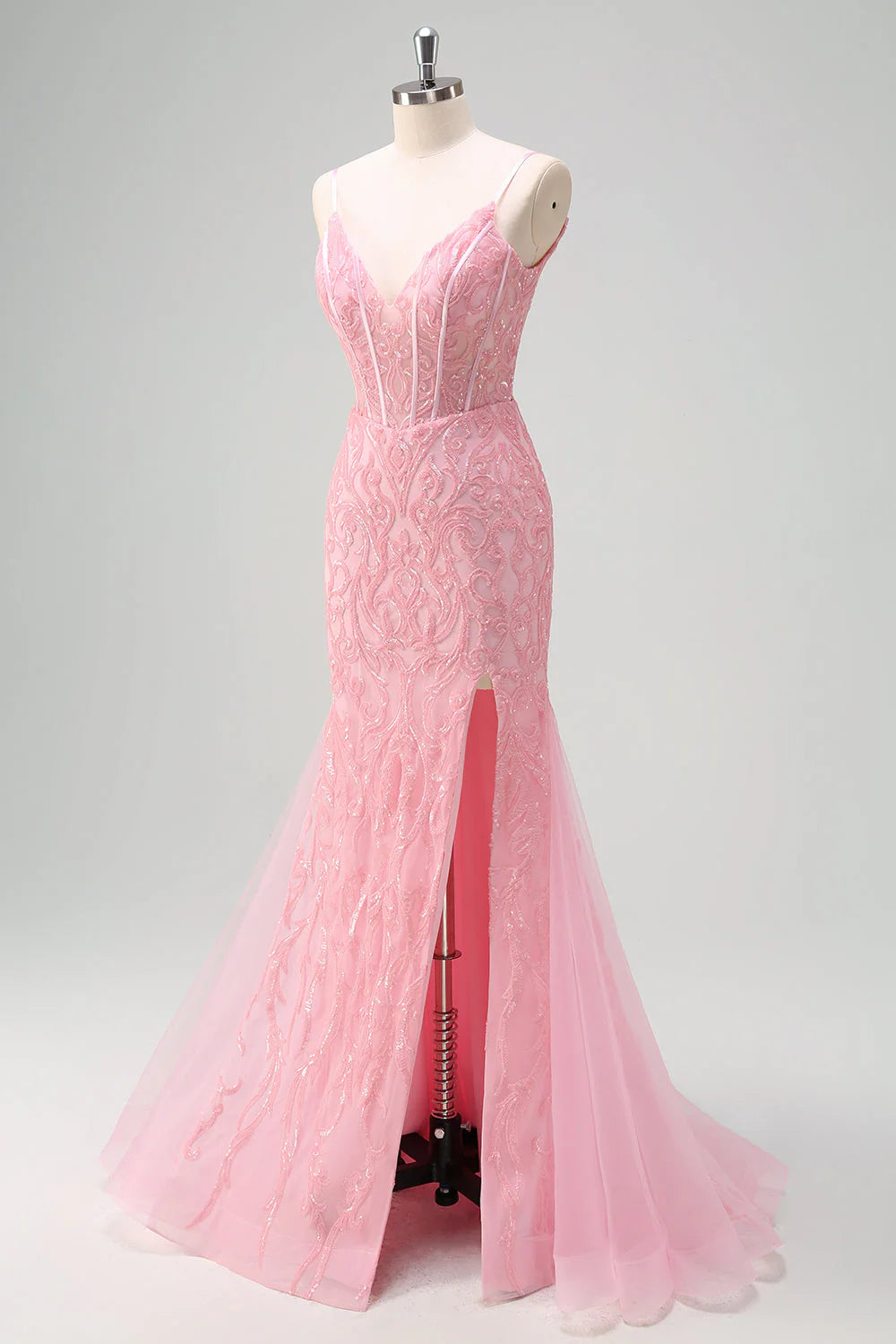 Shiny light pink mermaid V-neck tight corset sequined long ball dress with slit