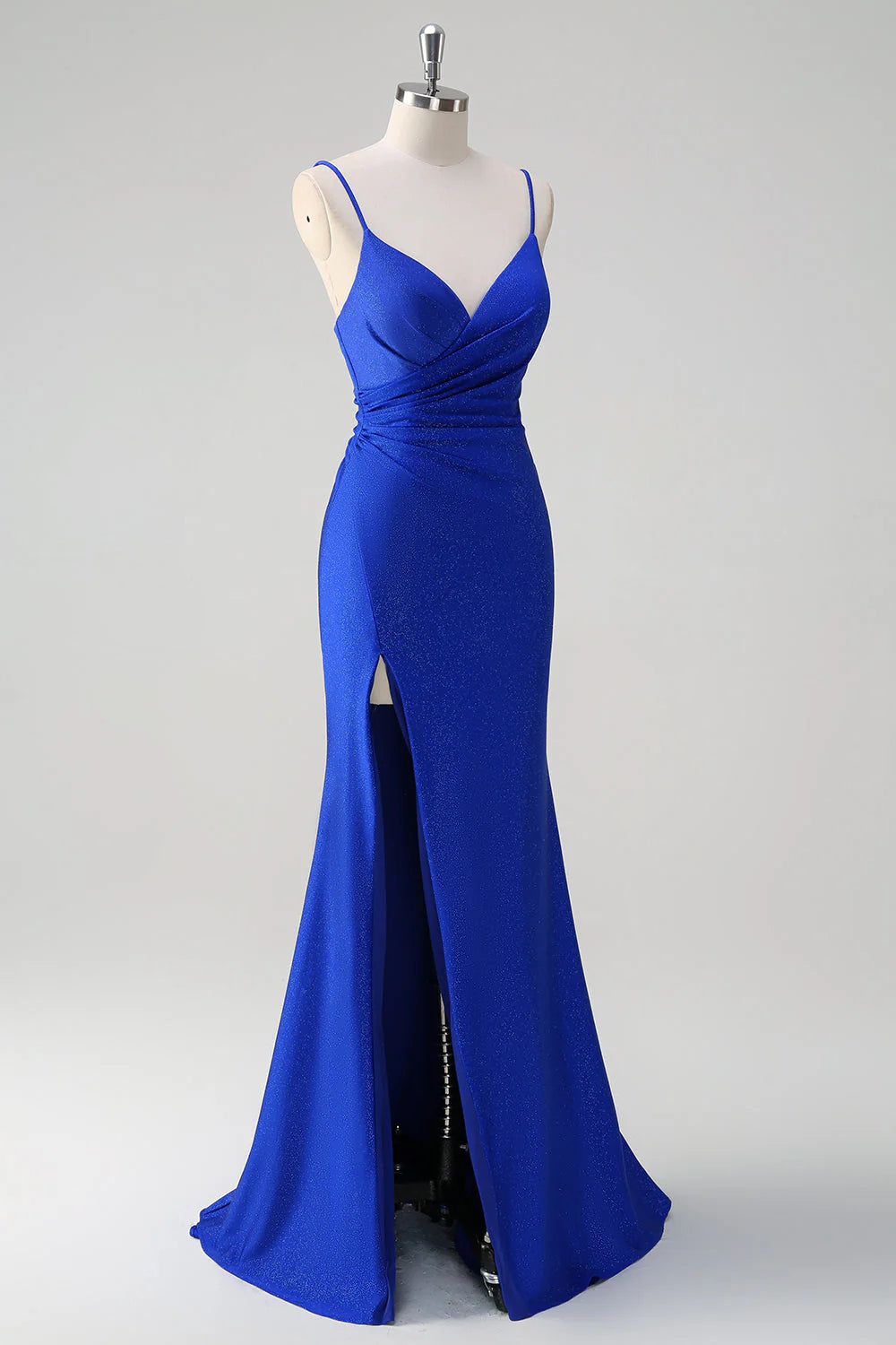 Sparkling Royal Blue Mermaid Thin Strap V Tie Ruffle Long Ball Skirt Side Split