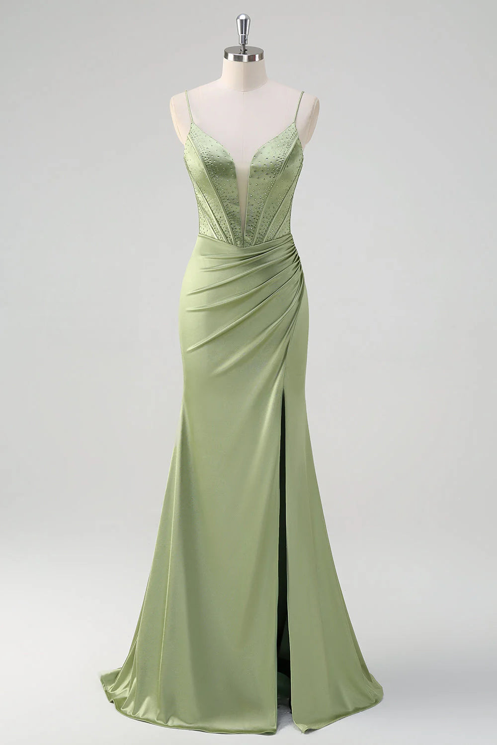 Green mermaid slim suspender deep v tight corset with diamond side slit dress