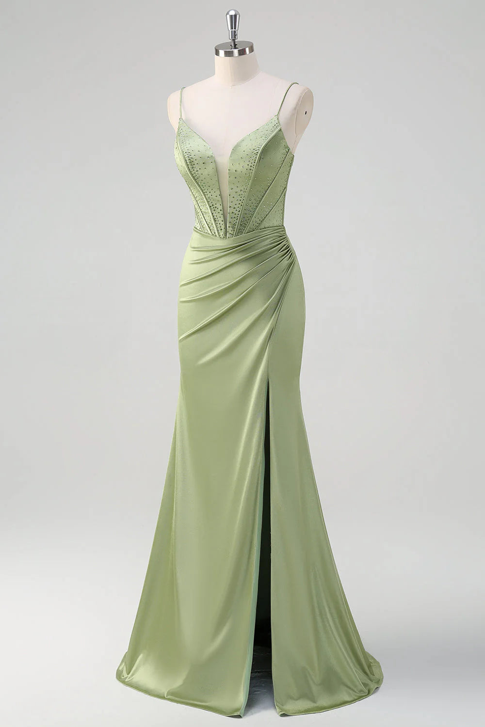 Green mermaid slim suspender deep v tight corset with diamond side slit dress