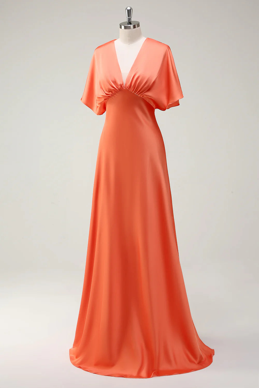 V-neck satin bridesmaid dress with cinched waist long skirt