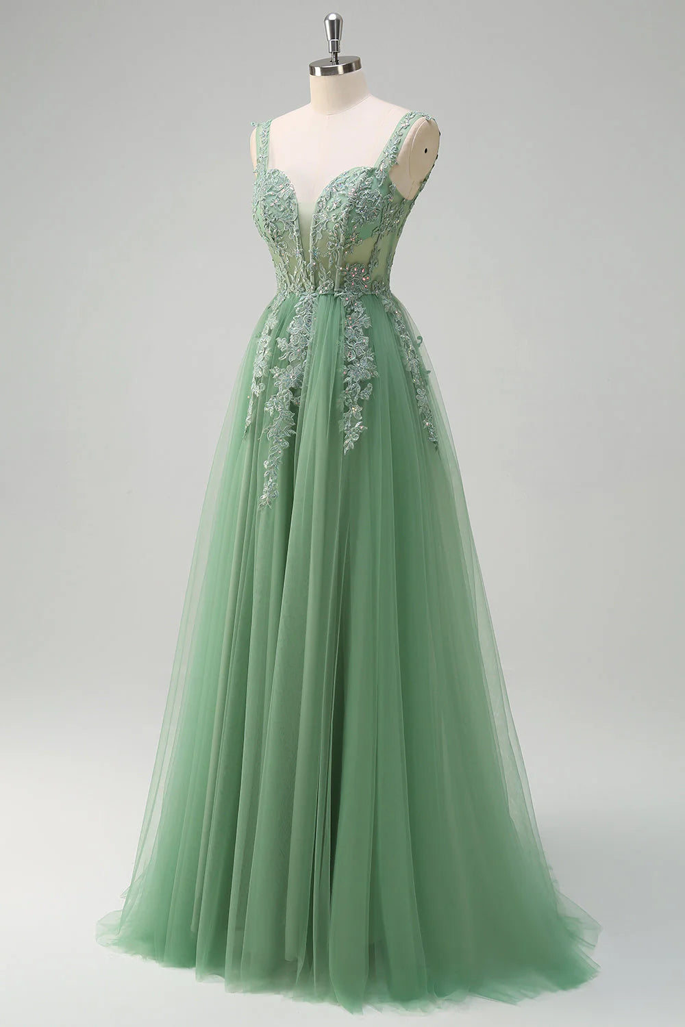 Green chiffon A-line thin suspender tight corset sequined long ball dress with decals