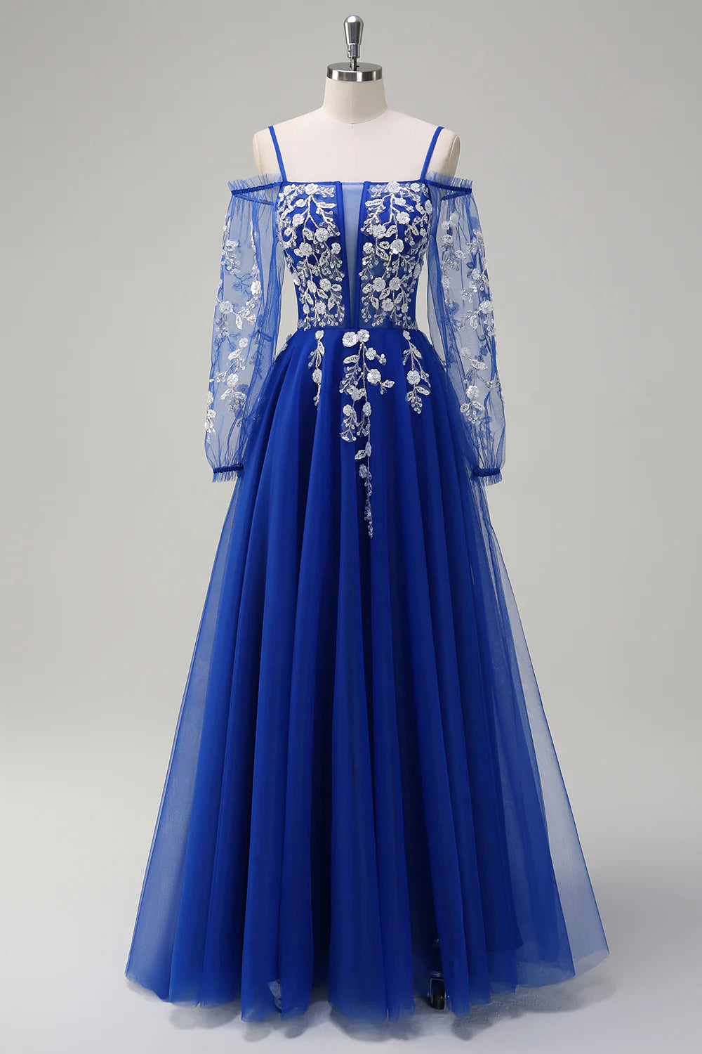 A-line Cold Shoulder Sparkling Flower Long Sleeve Ball Dress